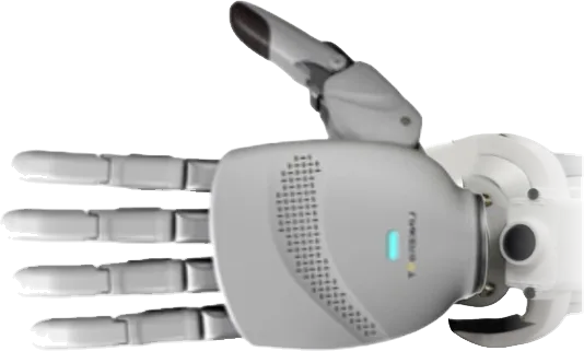 Mano Linker Hand O6 gris claro vista por el dorso, montada en la muñeca de un R1