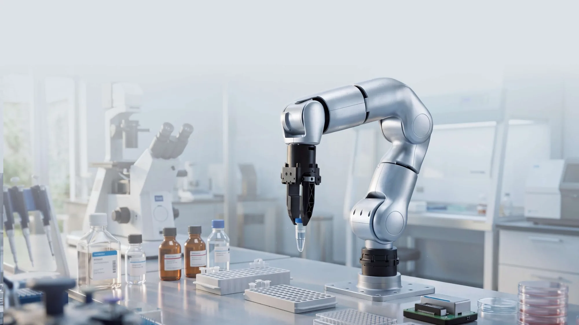 R1-7a sostiene una pipeta en una mesa de laboratorio
